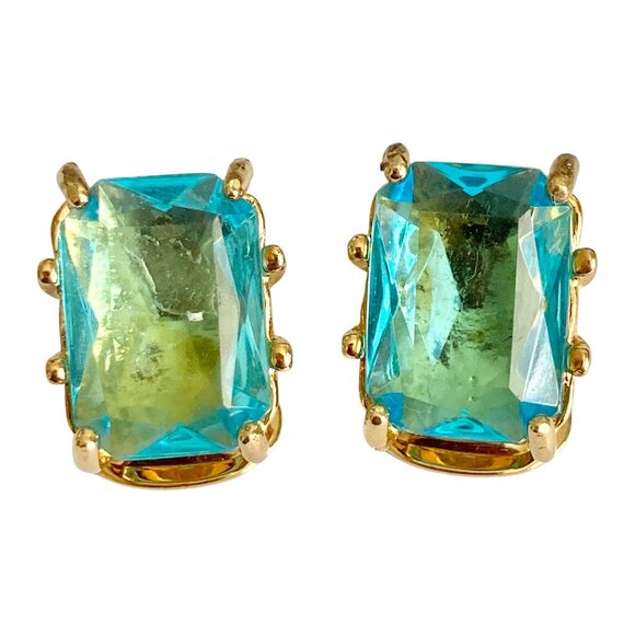 Vintage Aqua Blue Glass Clip On Earrings Jeweled Cut Gold Plated Huggie 70's USA - Picture 1 of 10